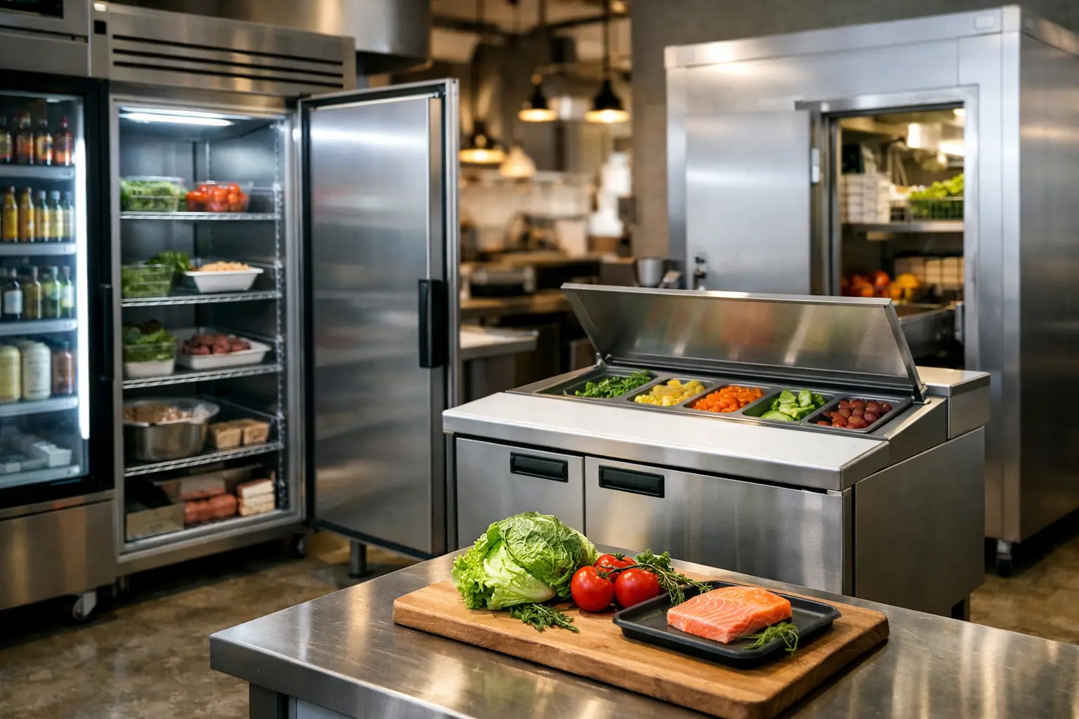 Commercial refrigeration cabinets and preparation counter